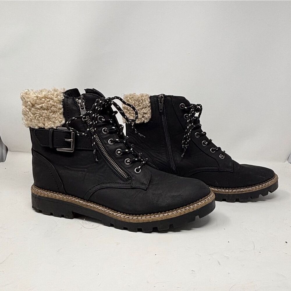 Universal Thread Black Combat Boots with Faux Fur Cuff - Size 11